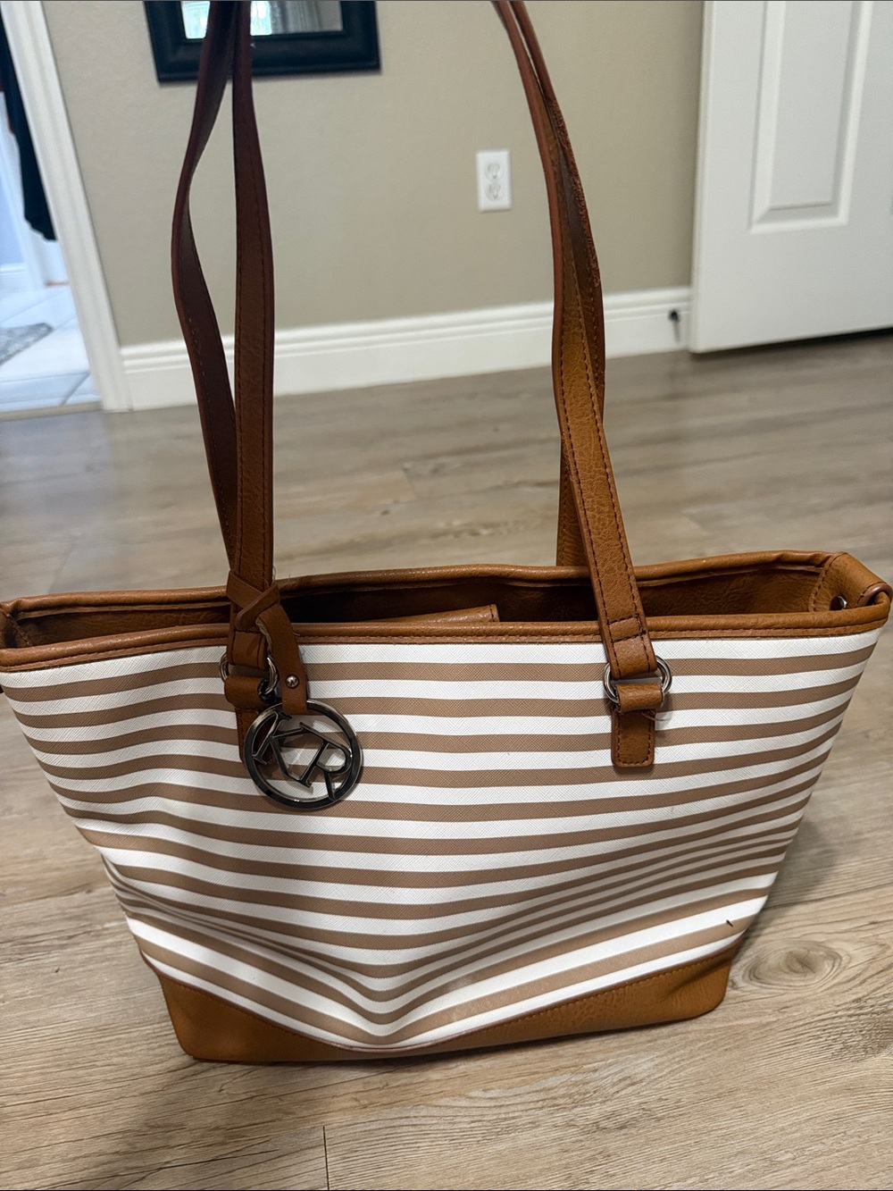 Striped Brown and White Tote Bag with Leather Trim
